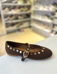 Acı Kahve Zımbalı Kilteli Mat Saten Balerin Babet