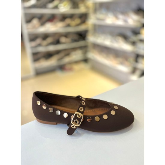 Acı Kahve Zımbalı Kilteli Mat Saten Balerin Babet