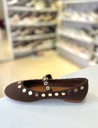 Acı Kahve Zımbalı Kilteli Mat Saten Balerin Babet