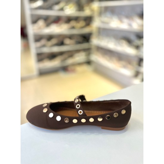 Acı Kahve Zımbalı Kilteli Mat Saten Balerin Babet