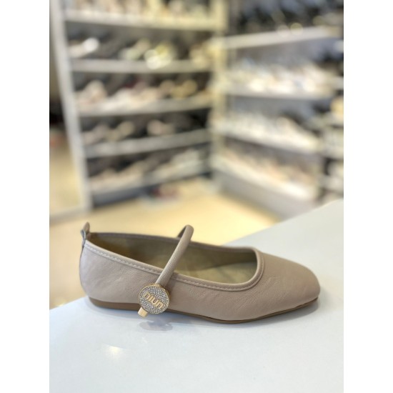 Bej Gold ve Gümüş Taşlı Tek Bant Balerin Babet