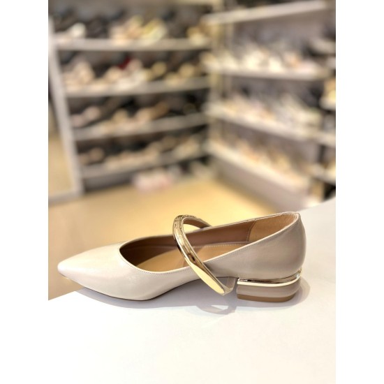 Bej Tek Bant Gold Metal Mini Topuk Balerin Babet