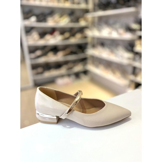 Bej Tek Bant Gold Metal Mini Topuk Balerin Babet