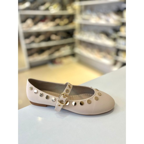 Bej Zımbalı Kilteli Mat Saten Balerin Babet