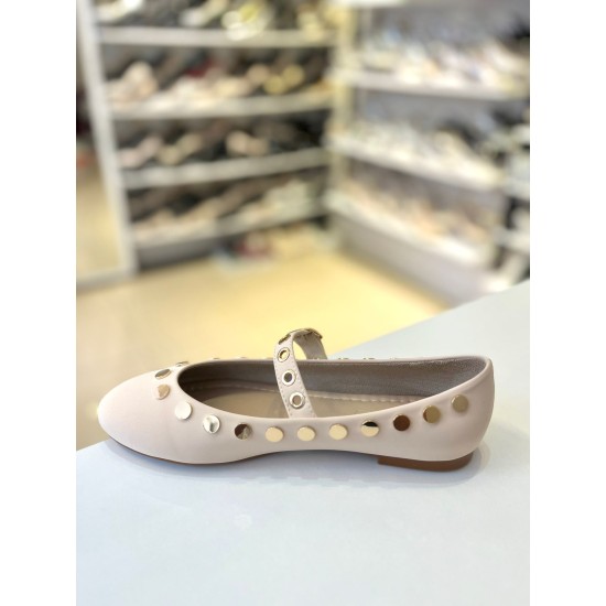 Bej Zımbalı Kilteli Mat Saten Balerin Babet