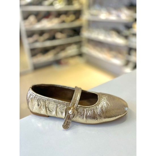 Gold Kırışık Desen Tek Bant Balerin Babet