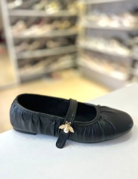 Siyah Kırışık Desen Tek Bant Balerin Babet