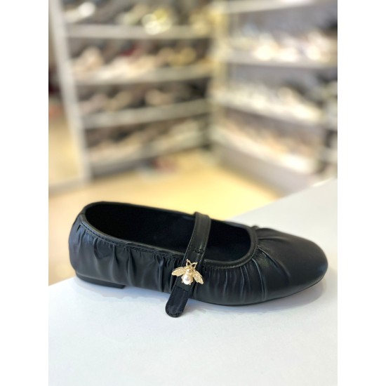 Siyah Kırışık Desen Tek Bant Balerin Babet