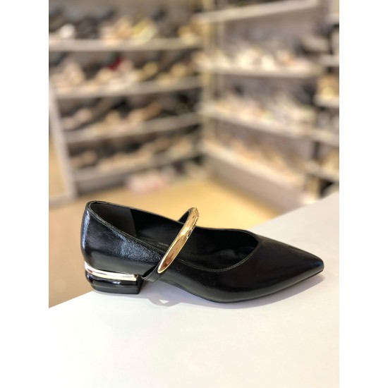 Siyah Tek Bant Gold Metal Mini Topuk Balerin Babet