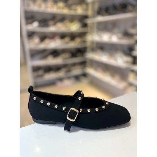 Siyah Troklu Mat Saten Doku Balerin Babet