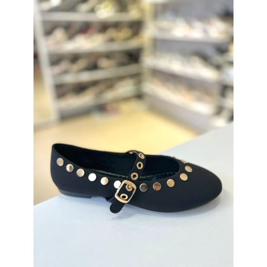 Siyah Zımbalı Kilteli Mat Saten Balerin Babet