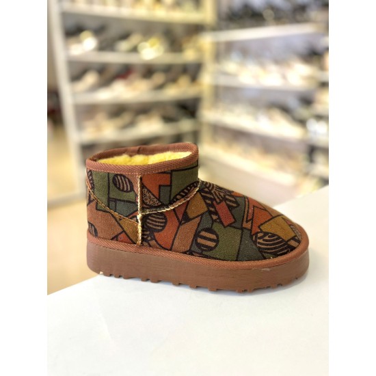 Desenli Kalın Taban Ugg Yarım Bot