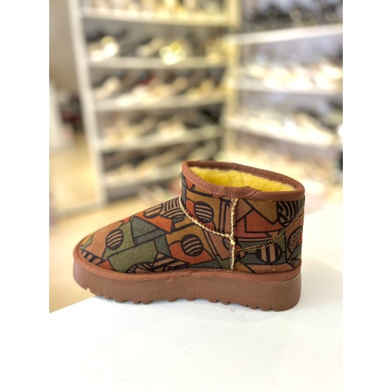Desenli Kalın Taban Ugg Yarım Bot