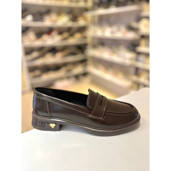 Acı Kahve Rustik İnce Taban Gold Toka Düz Loafer