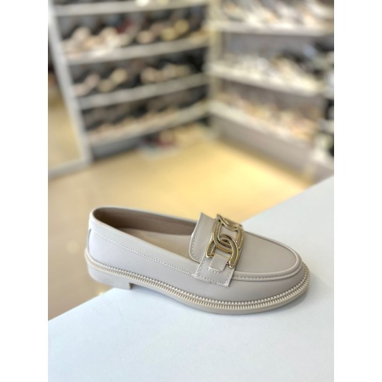 Bej İnce Taban Gold Toka Loafer