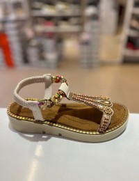 Bej Kalın Taban Ahşap Desen Lastikli Tatil Sandaleti