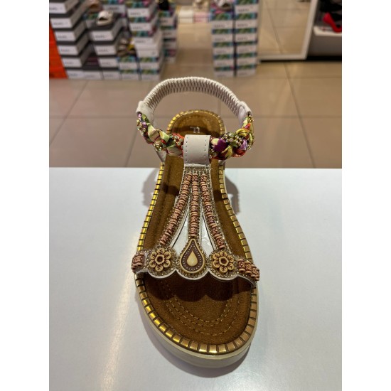 Bej Kalın Taban Ahşap Desen Lastikli Tatil Sandaleti