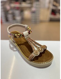 Bej Kalın Taban Ahşap Desen Lastikli Tatil Sandaleti