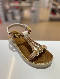 Bej Kalın Taban Ahşap Desen Lastikli Tatil Sandaleti