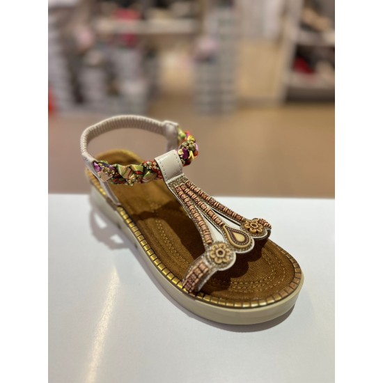 Bej Kalın Taban Ahşap Desen Lastikli Tatil Sandaleti