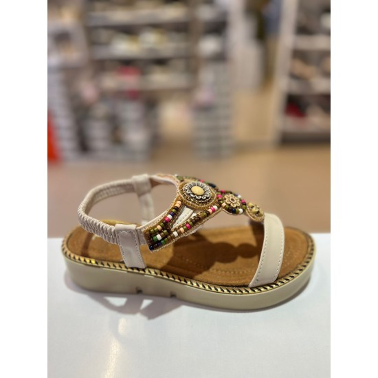 Bej Kalın Taban Boncuk Sıvama Lastikli Sandalet