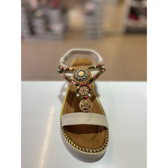 Bej Kalın Taban Boncuk Sıvama Lastikli Sandalet