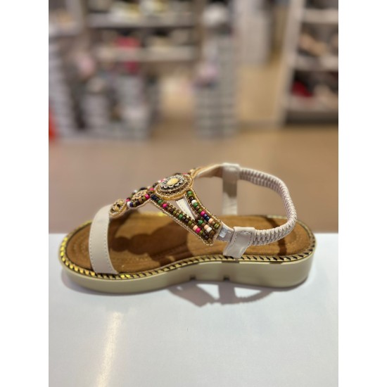 Bej Kalın Taban Boncuk Sıvama Lastikli Sandalet