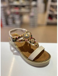 Bej Kalın Taban Boncuk Sıvama Lastikli Sandalet