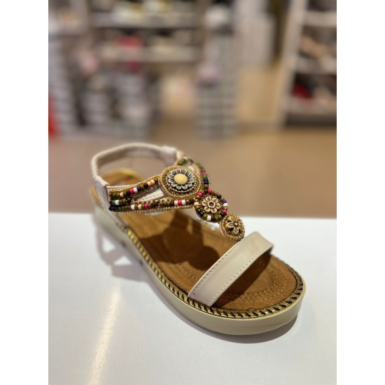 Bej Kalın Taban Boncuk Sıvama Lastikli Sandalet