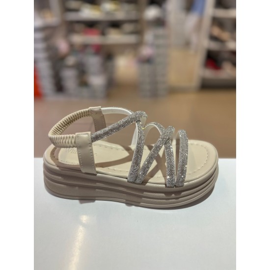 Bej Kalın Taban Gümüş Taşlı Lastikli Sandalet