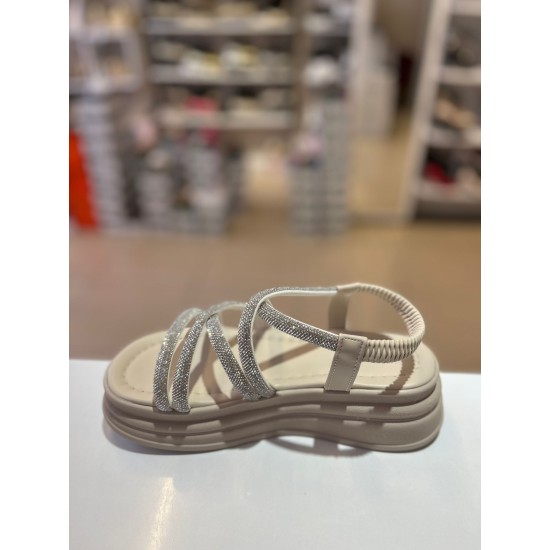 Bej Kalın Taban Gümüş Taşlı Lastikli Sandalet