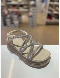 Bej Kalın Taban Gümüş Taşlı Lastikli Sandalet