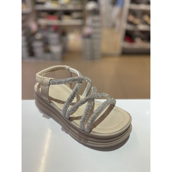 Bej Kalın Taban Gümüş Taşlı Lastikli Sandalet