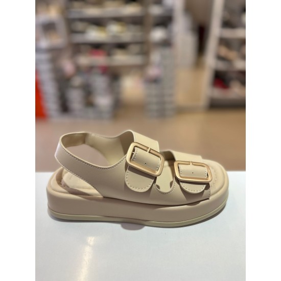 Bej Kalın Taban Çift Bantlı Lastikli Sandalet