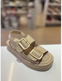 Bej Kalın Taban Çift Bantlı Lastikli Sandalet