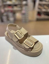 Bej Kalın Taban Çift Bantlı Lastikli Sandalet