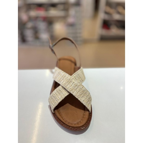 Bej Çapraz Bant Kilteli Hasır Sandalet