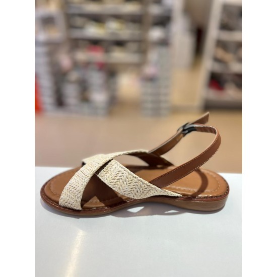 Bej Çapraz Bant Kilteli Hasır Sandalet