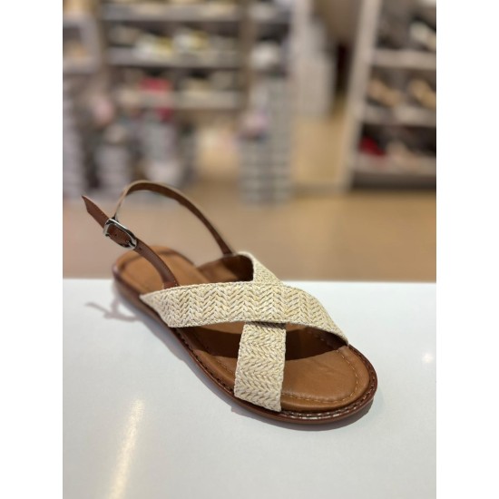 Bej Çapraz Bant Kilteli Hasır Sandalet