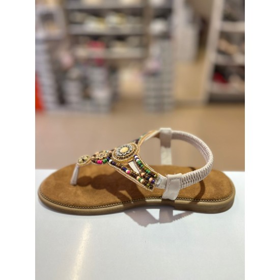 Bej İnce Taban Boncuk Sıvama Parmak Arası Lastikli Sandalet