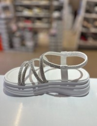 Beyaz Kalın Taban Gümüş Taşlı Lastikli Sandalet