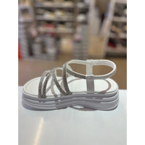 Beyaz Kalın Taban Gümüş Taşlı Lastikli Sandalet