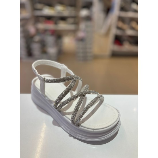 Beyaz Kalın Taban Gümüş Taşlı Lastikli Sandalet