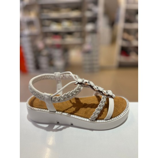 Beyaz Kalın Taban Papatya Gümüş Taşlı Lastikli Sandalet