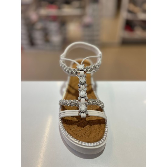 Beyaz Kalın Taban Papatya Gümüş Taşlı Lastikli Sandalet