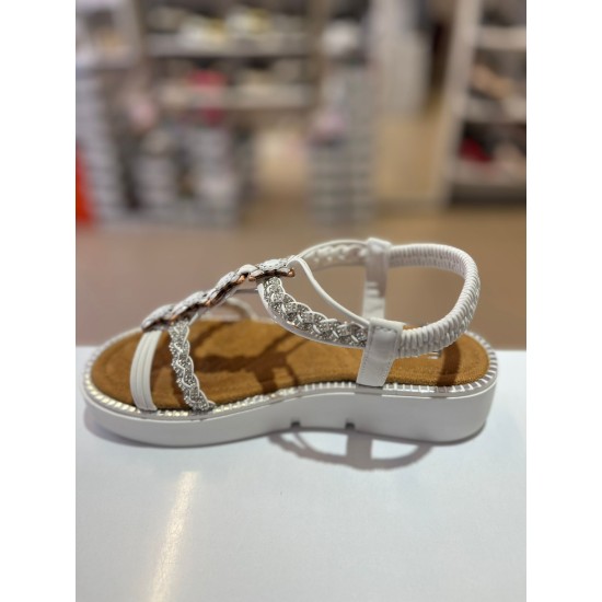 Beyaz Kalın Taban Papatya Gümüş Taşlı Lastikli Sandalet