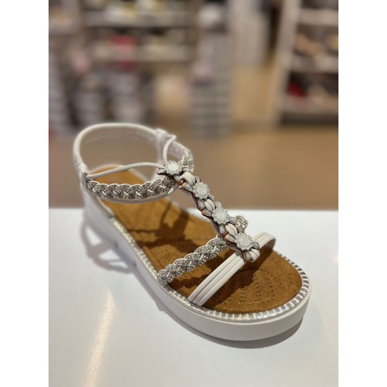 Beyaz Kalın Taban Papatya Gümüş Taşlı Lastikli Sandalet