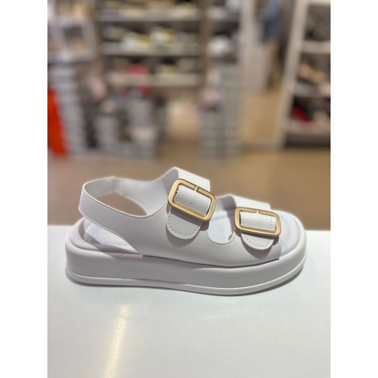 Beyaz Kalın Taban Çift Bantlı Lastikli Sandalet