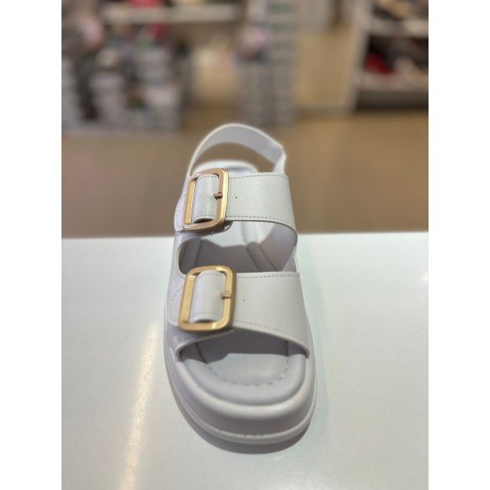 Beyaz Kalın Taban Çift Bantlı Lastikli Sandalet