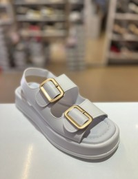 Beyaz Kalın Taban Çift Bantlı Lastikli Sandalet